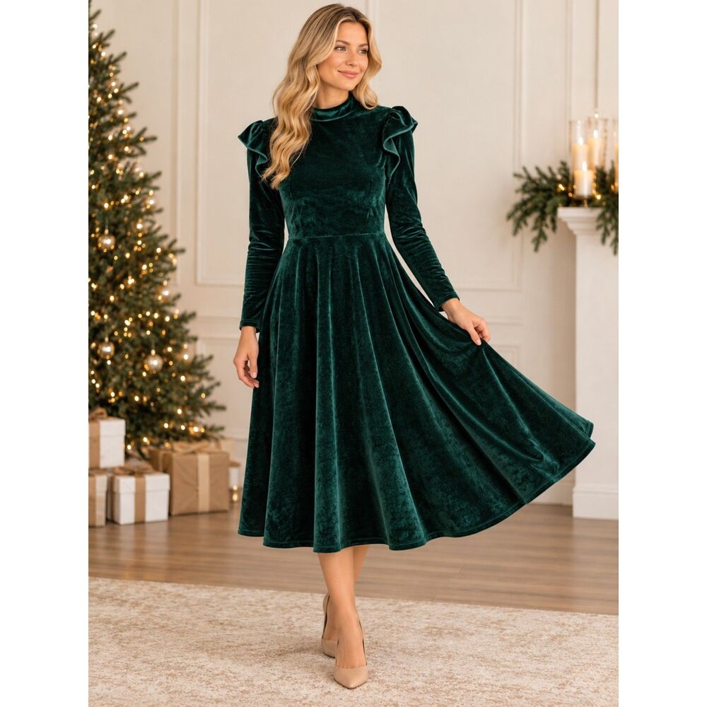Ivy City Co La La Lady Emerald Green Velvet Midi Dress Ruffle Shoulder S